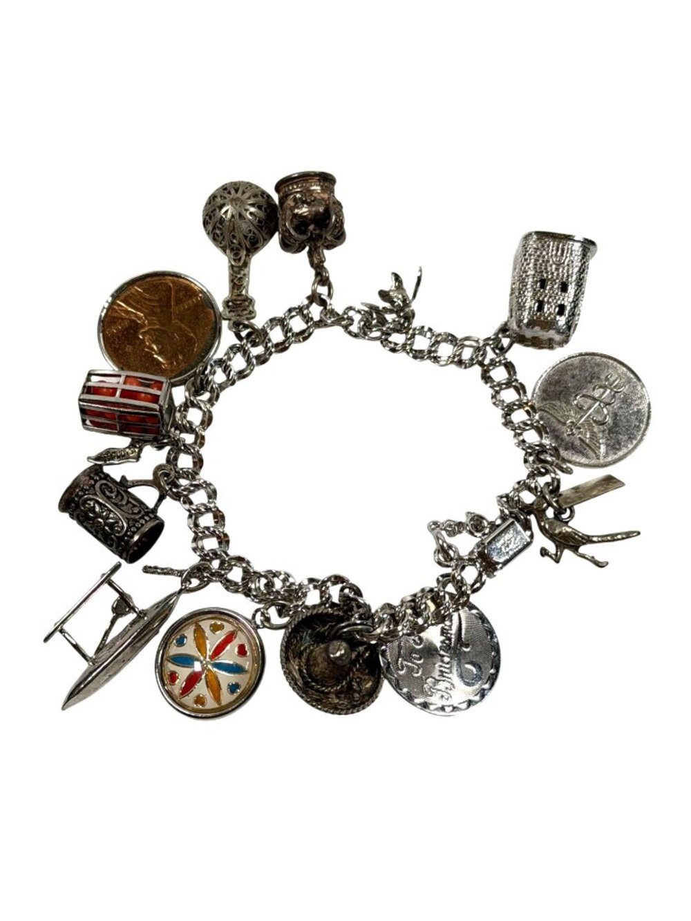 Vintage Elco 6" Sterling Silver Double Link Charm Bracelet W/ 16 Unique Charms E